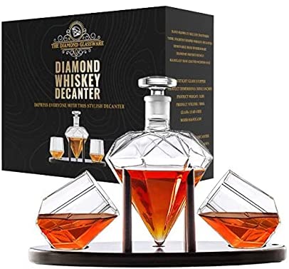 Zcoolo Decantador de whisky de diamante bourbon cristal transparente vodka 850 ml sin plomo whisky ron con 2 vasos de diamante y soporte de madera de caoba para licor 