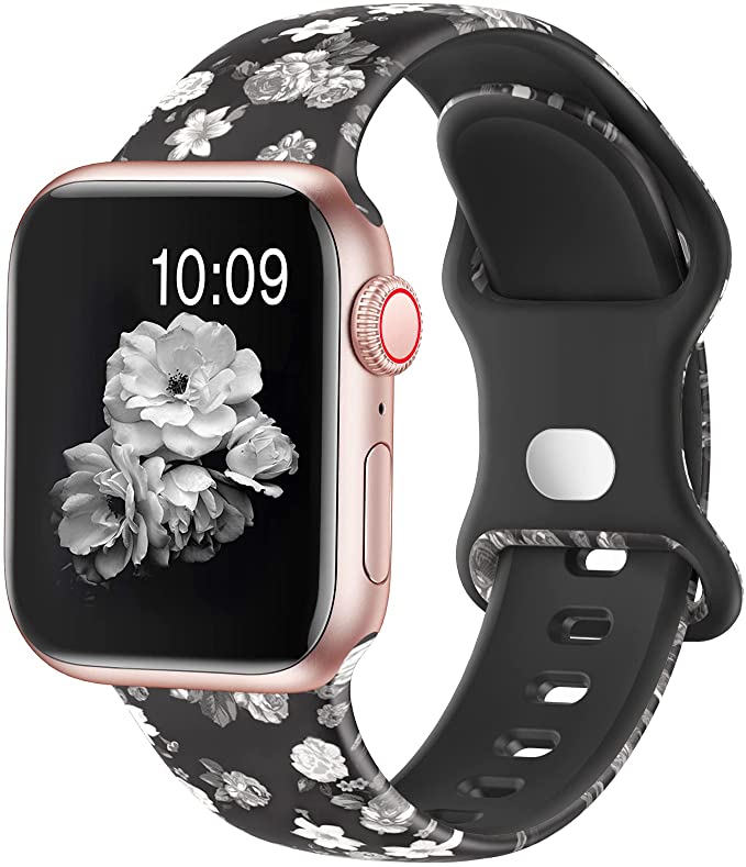 OriBear Correa de reloj compatible con correas de Apple Watch de 1.496 in,  1.575 in, 1.614 in, elegantes correas florales para iWatch para mujer,  correa de repuesto impresa con patrón de silicona