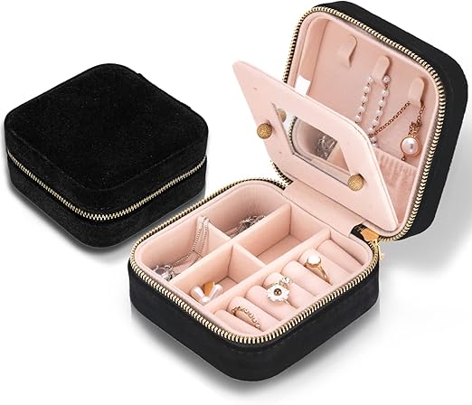 Woodten Pequeño Conjunto De Joyas Caja De Regalo Caja De Joyería De Terciopelo Para Collar De Pendientes De Anillo (negro
