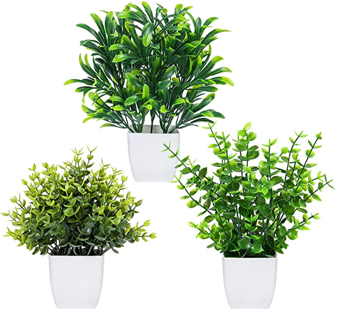 Paquete de 3 plantas artificiales de eucalipto en maceta, pequeños arbustos  de plástico topiario, vegetación en macetas, plantas de imitación  interiores para escritorio, baño, dormitorio, oficina, decoración del hogar  | Mercandu