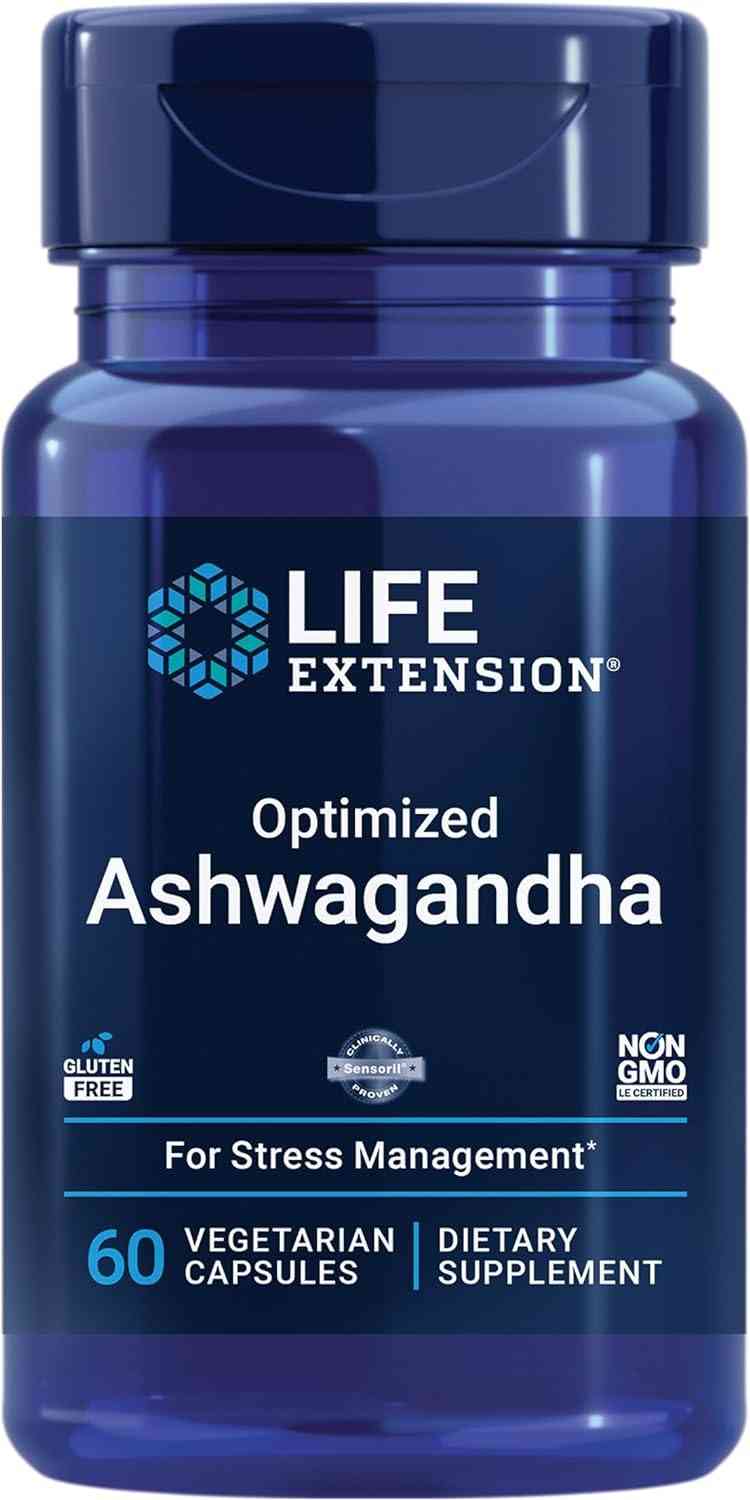 Life Extension Ashwagandha optimizado, para el manejo del estrés y la energía, la salud del cerebro y los nervios, apoya la memoria saludable y la función cognitiva, sin gluten, sin OMG, 60 cápsulas vegetarianas