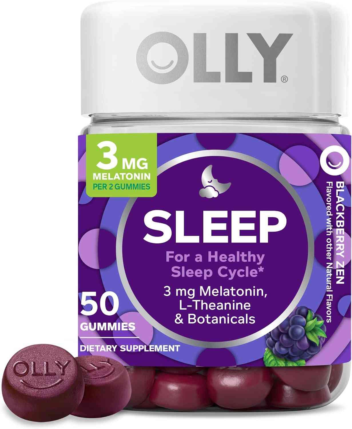 OLLY Gomitas para dormir, apoyo ocasional para dormir, 3 mg de melatonina, L-teanina, manzanilla, bálsamo de limón, ayuda para dormir, mora, 50 unidades