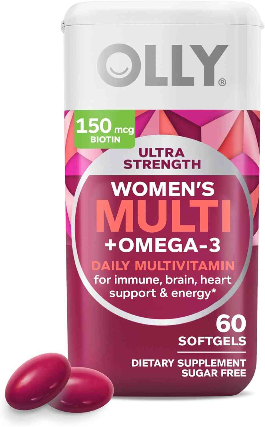 OLLY - Cápsulas blandas multivitamínicas para mujeres, salud general y soporte inmunológico, omega-3s, hierro, vitaminas A, D, C, E, B12, multivitamínico diario, suministro de 30 días - 60 unidades